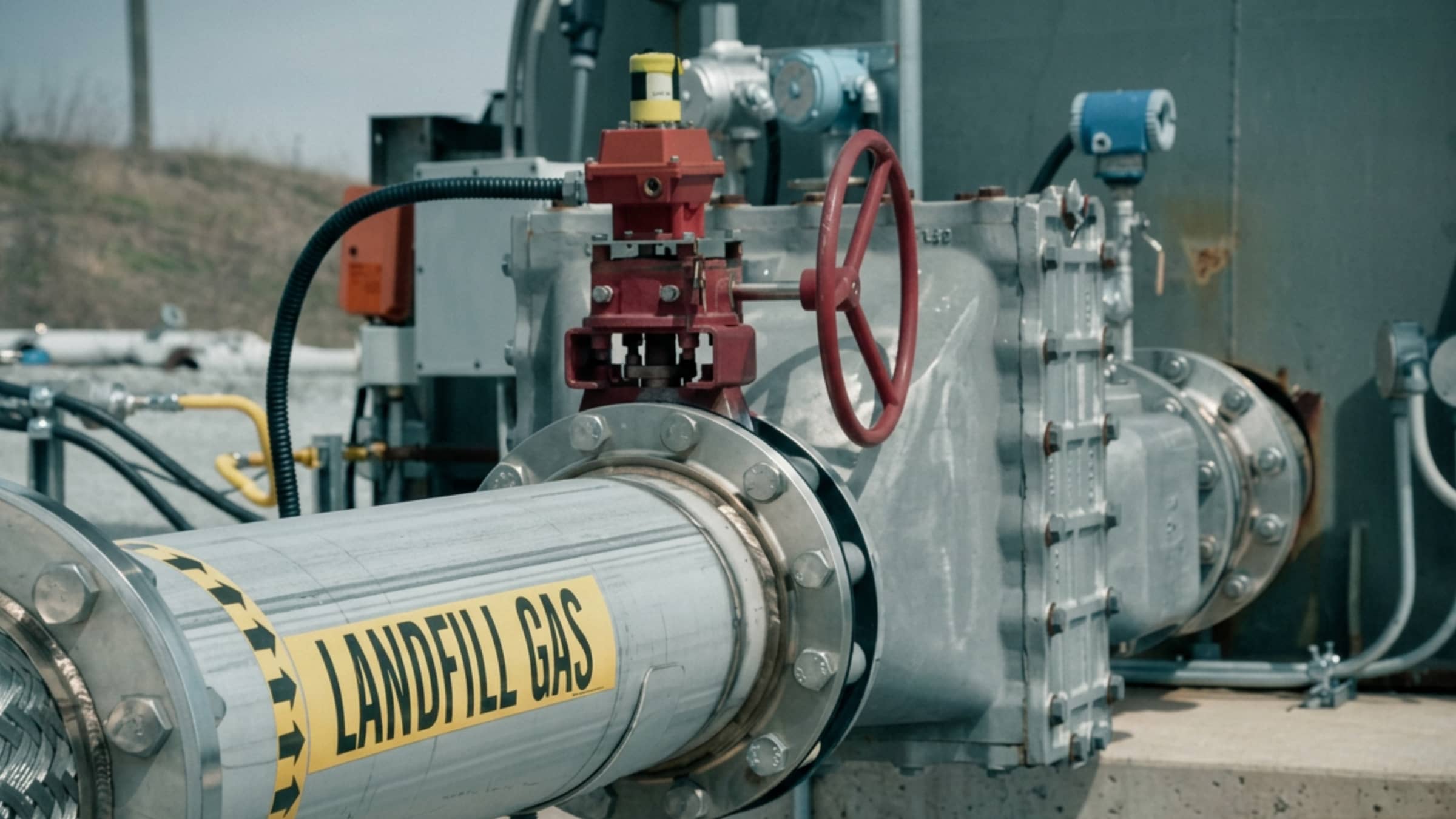 A pipeline coming into a yard with a valve wheel and sign stating "Landfill Gas"
