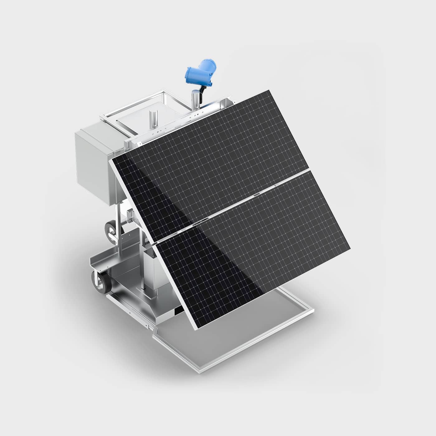 Close up view of the MRR Flow Meter Tracker solar panel and control box unit