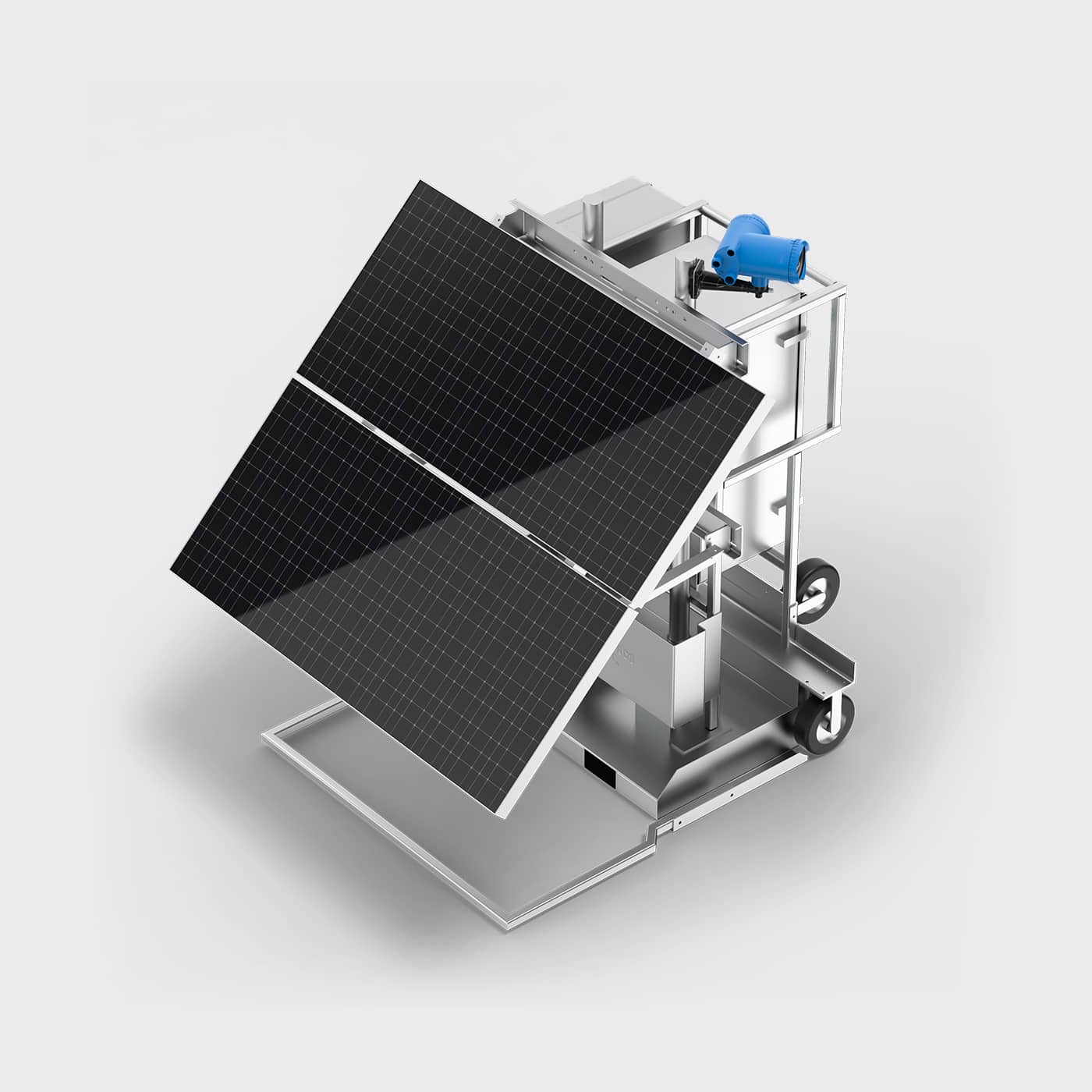 Angled close up of the MRR Flow Meter Tracker solar panel and mounting bracket
