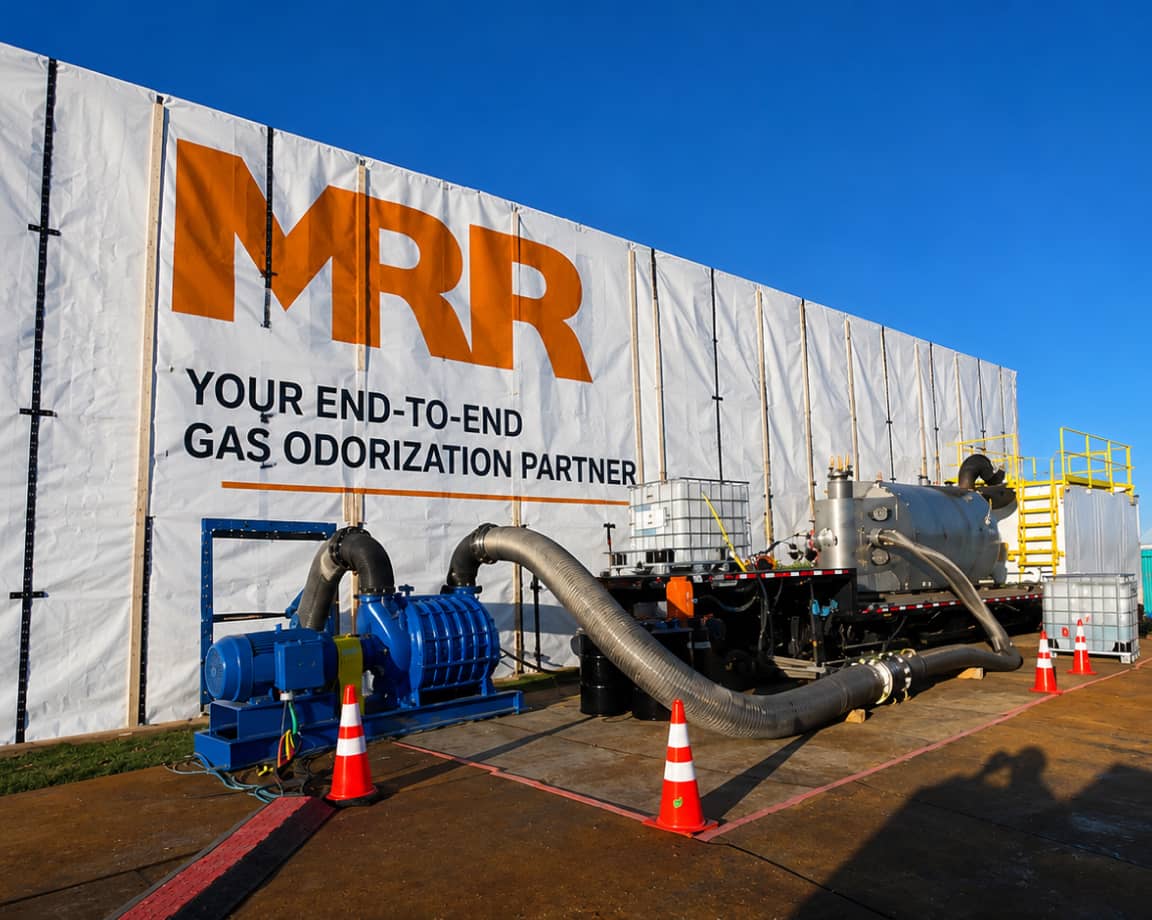 MRR enclosure tent reading "Your End-to-End Gas Odorization Partner," connected to hoses and blower equipment for an atmospheric-isolated soil excavation, with safety cones in the foreground.