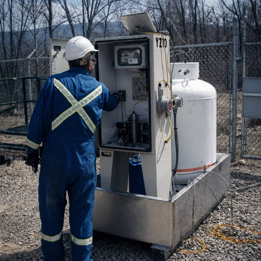 Technician in blue coveralls with reflective safety striping adjusting a temporary gas odorization skid and tank at a fenced outdoor site.