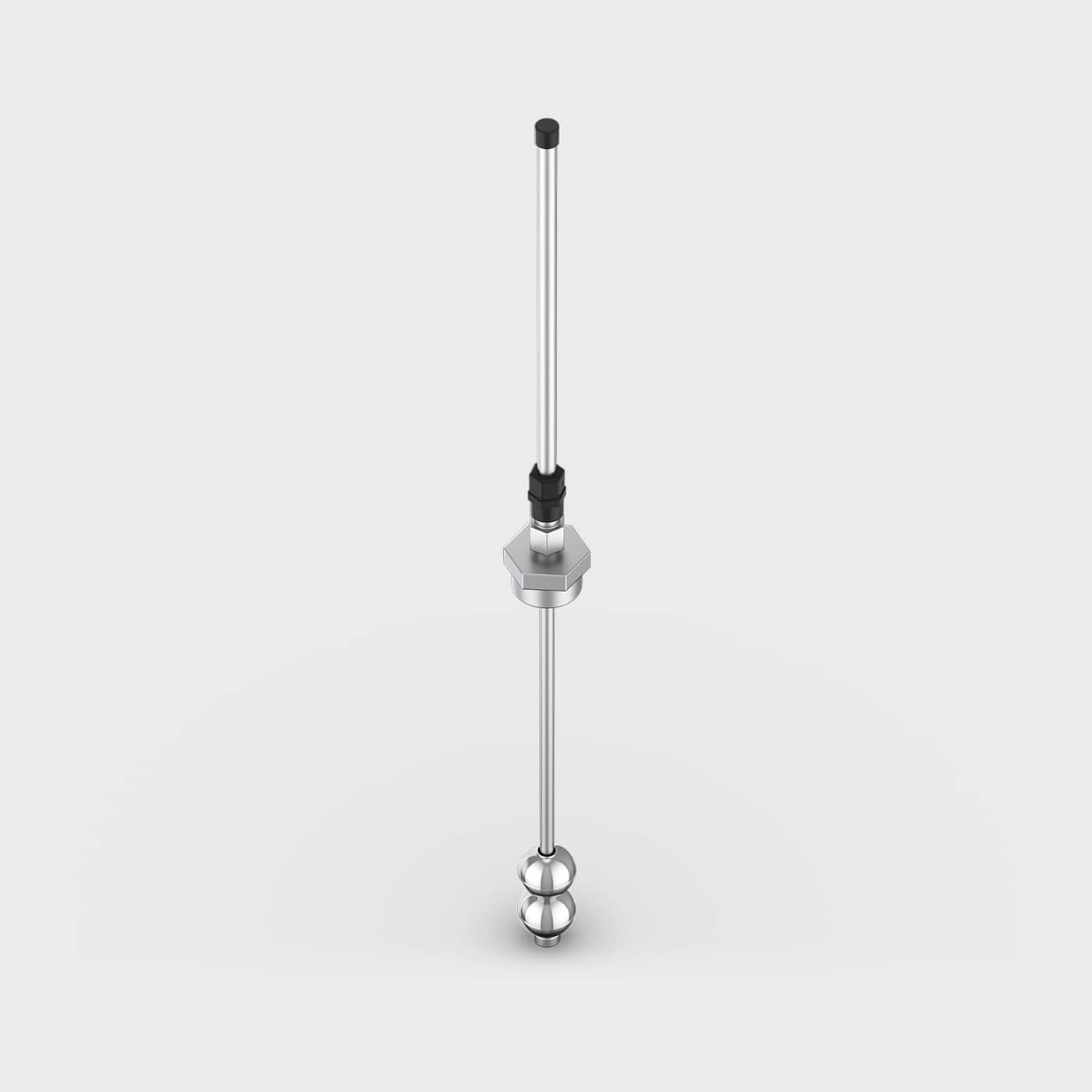 Close-up of the float level gauge showing the mounting fitting on the rod and the float bulb at the bottom end