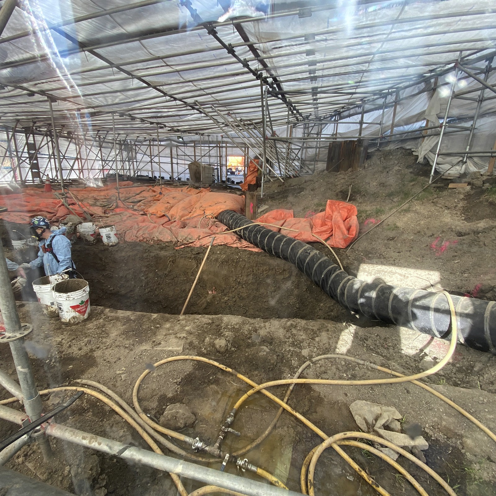 MRR technicians conditioning new pipeline sections in a trench, representing the Pipeline Conditioning/Pickling step