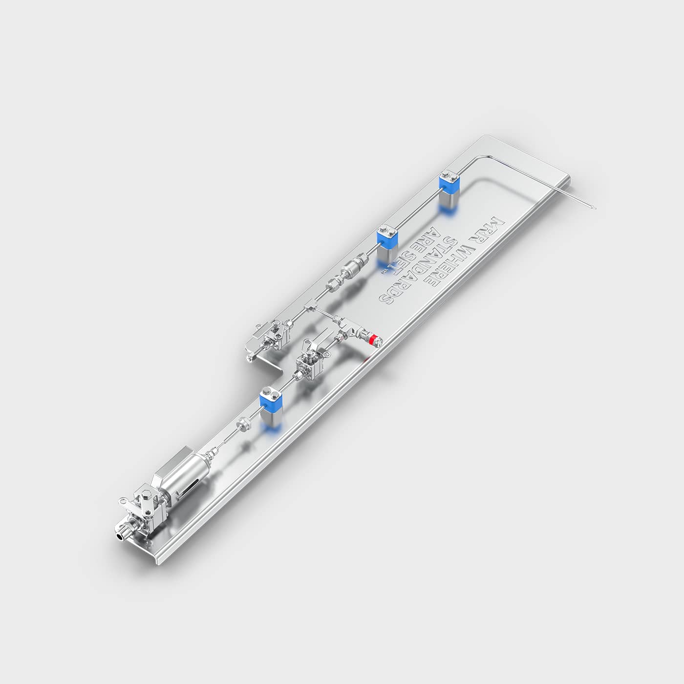 Angled view of the injection and regulation piping skid showing blue valve handles along the assembly