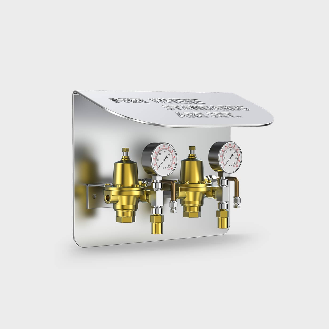 Brass pressure regulator valve assembly mounted on a wall panel with two pressure gauges