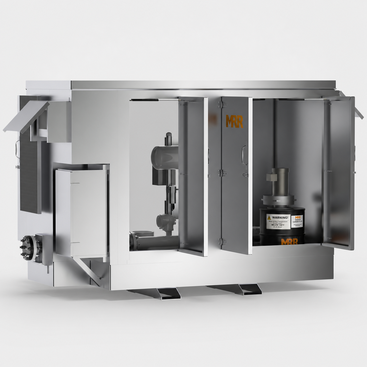 MRR Integrated Odorizer with cabinet doors open showing the dual metering pumps inside