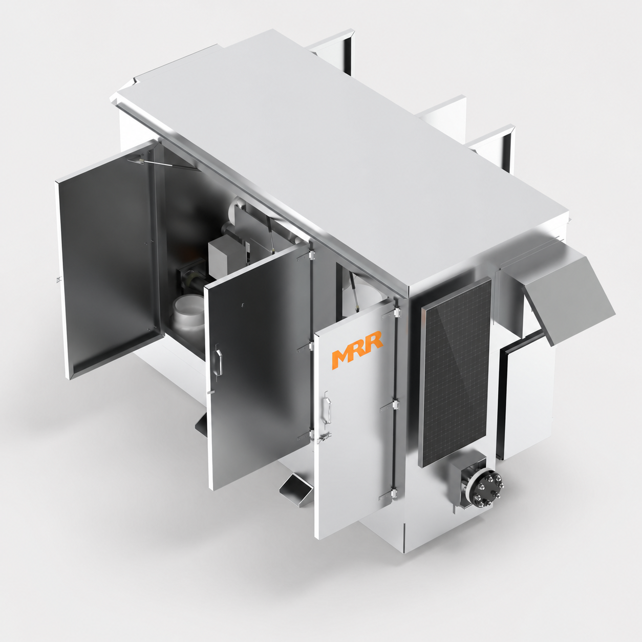 Angled overhead view of an MRR Integrated Odorizer with the roof panel raised for access