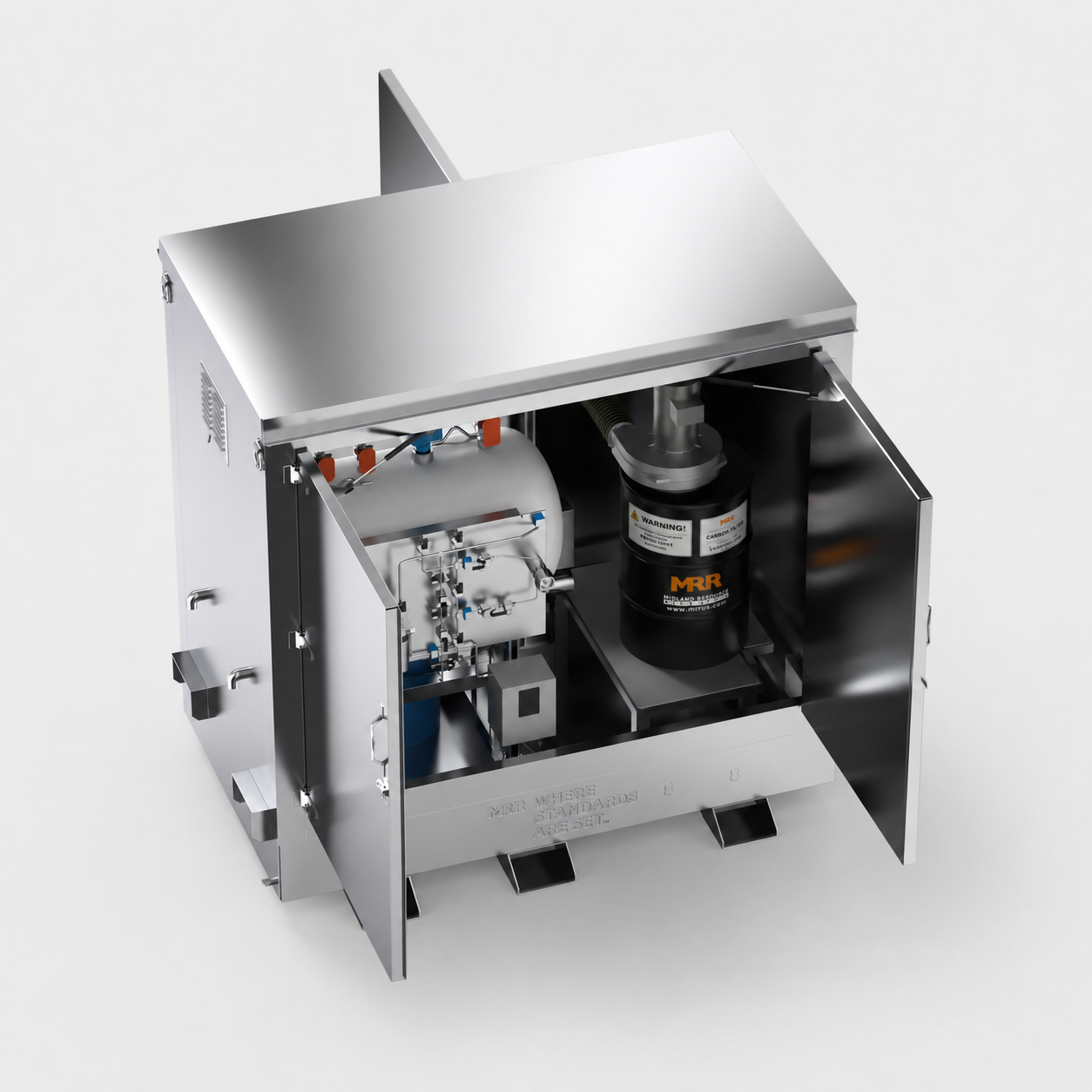 Odorization skid with top panel raised, exposing the metering pump and drive motor inside the cabinet