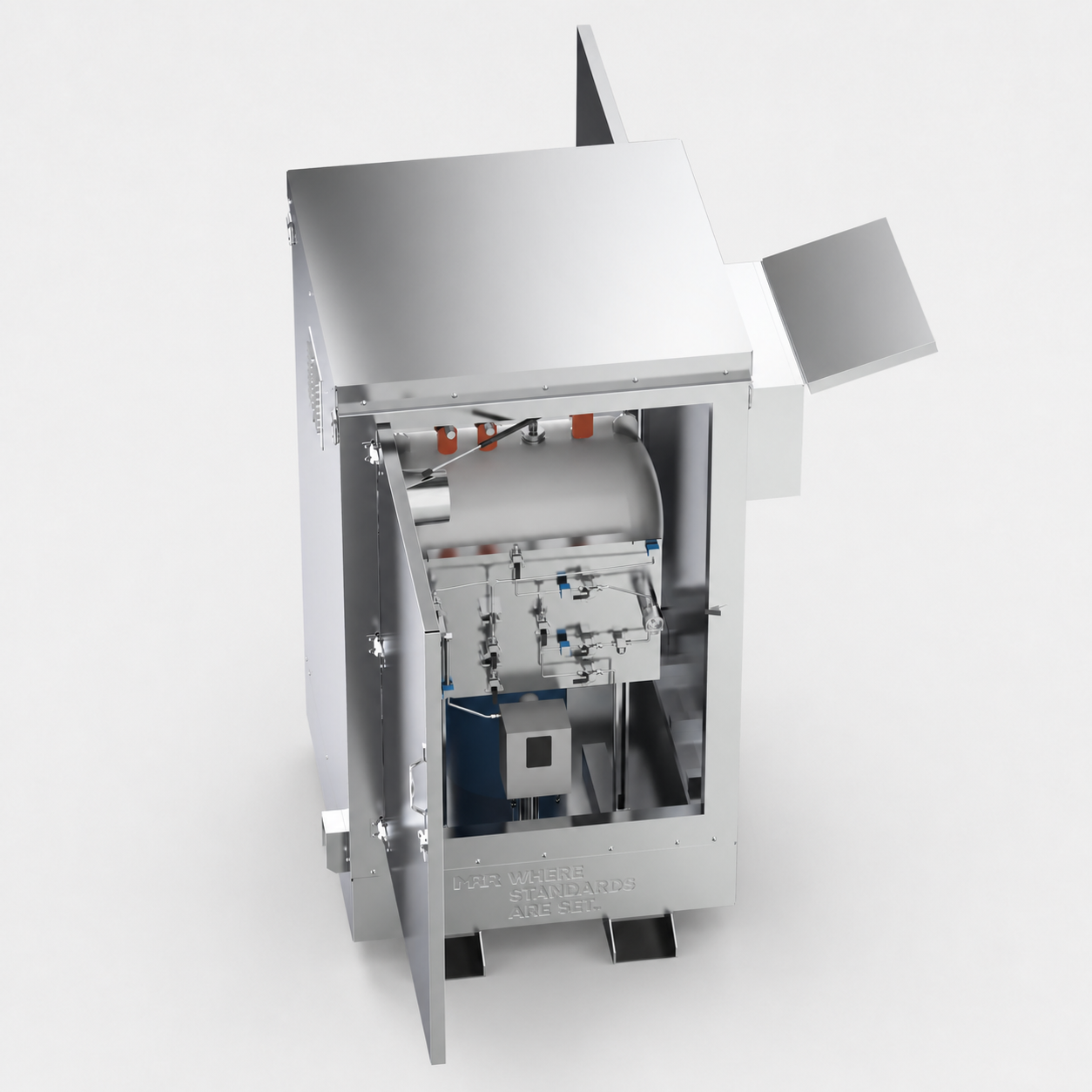 Side angle of the odorization skid with the top access panel propped open, revealing internal electrical and control components