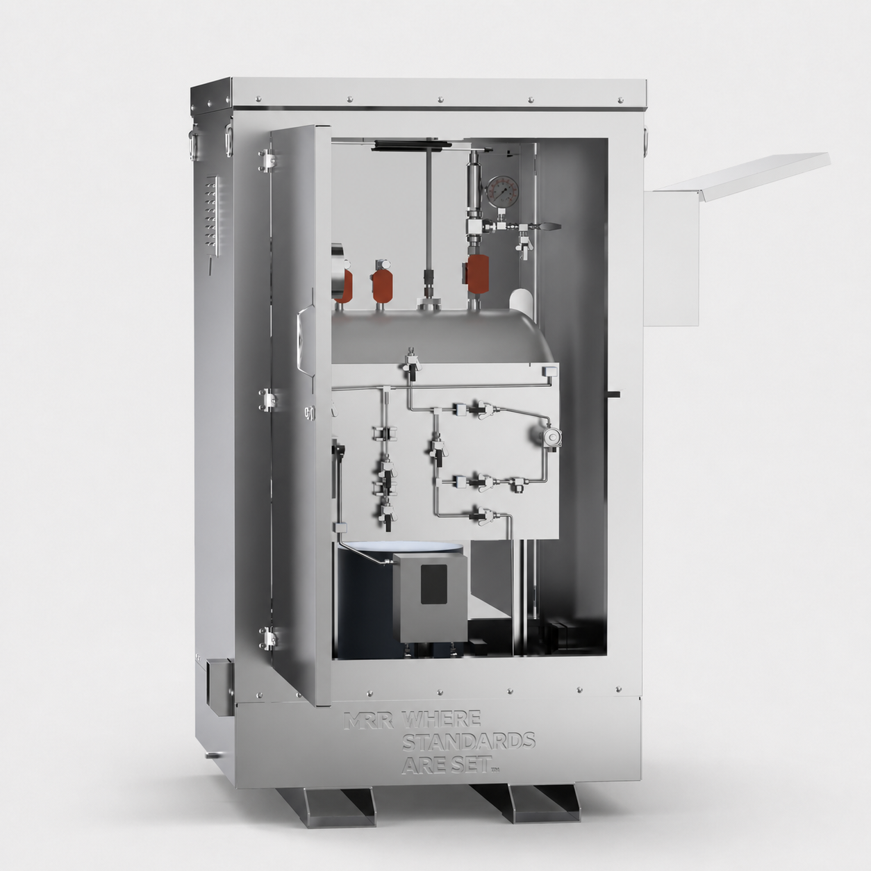 Full front view of the odorization skid cabinet with door open, showing the complete piping, control panel, and tank layout