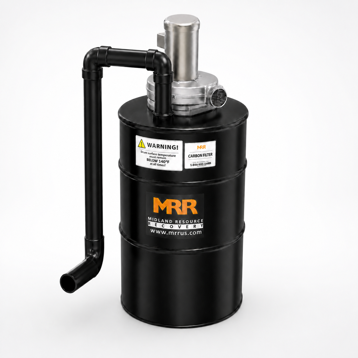 MRR EZ Carb Activated Carbon Filter, 55 gallon drum with a rigid pipe extending up and over the top