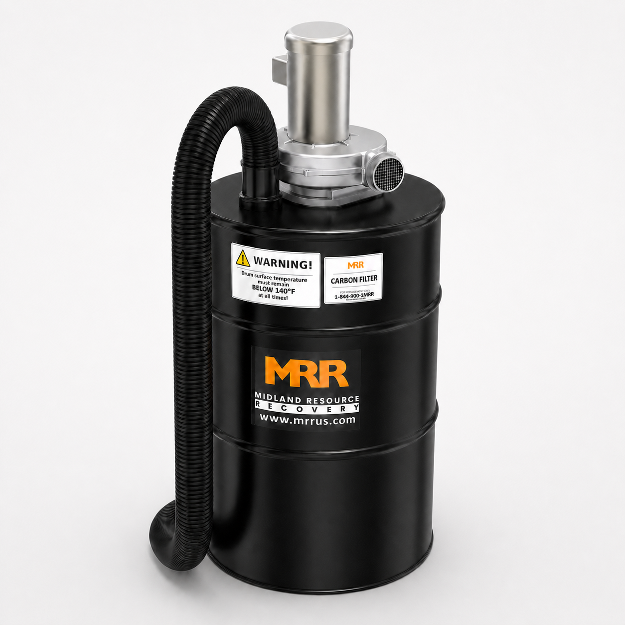 MRR EZ Carb Activated Carbon Filter, 55 gallon drum with the intake hose curving down the front