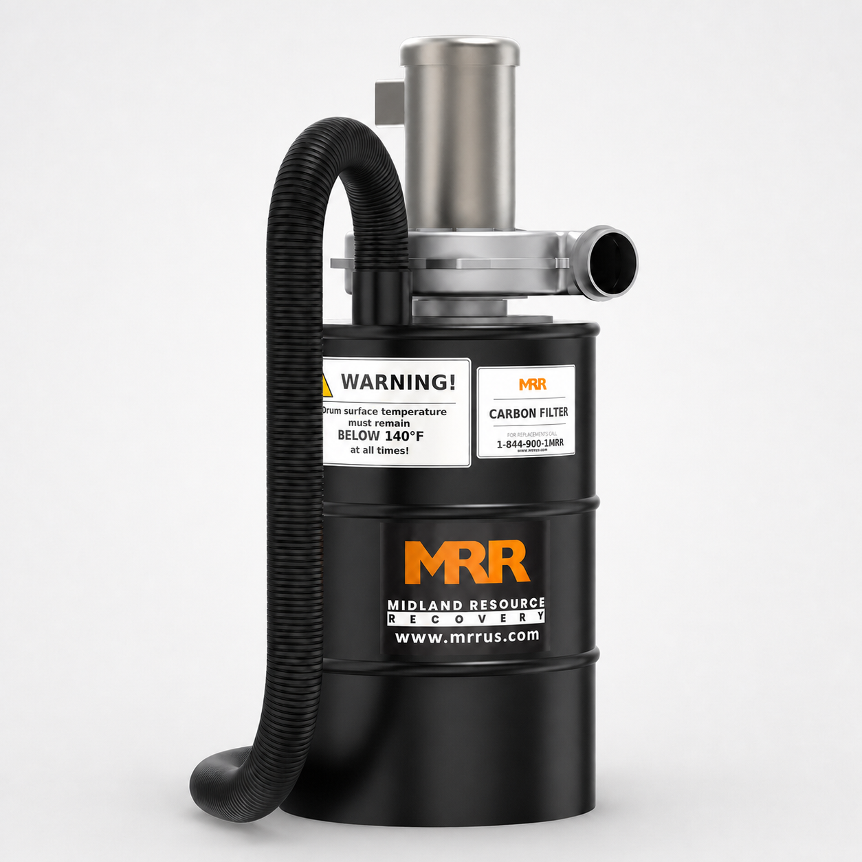 MRR EZ Carb Activated Carbon Filter, 55 gallon drum with the hose port angled toward the front, warning label visible