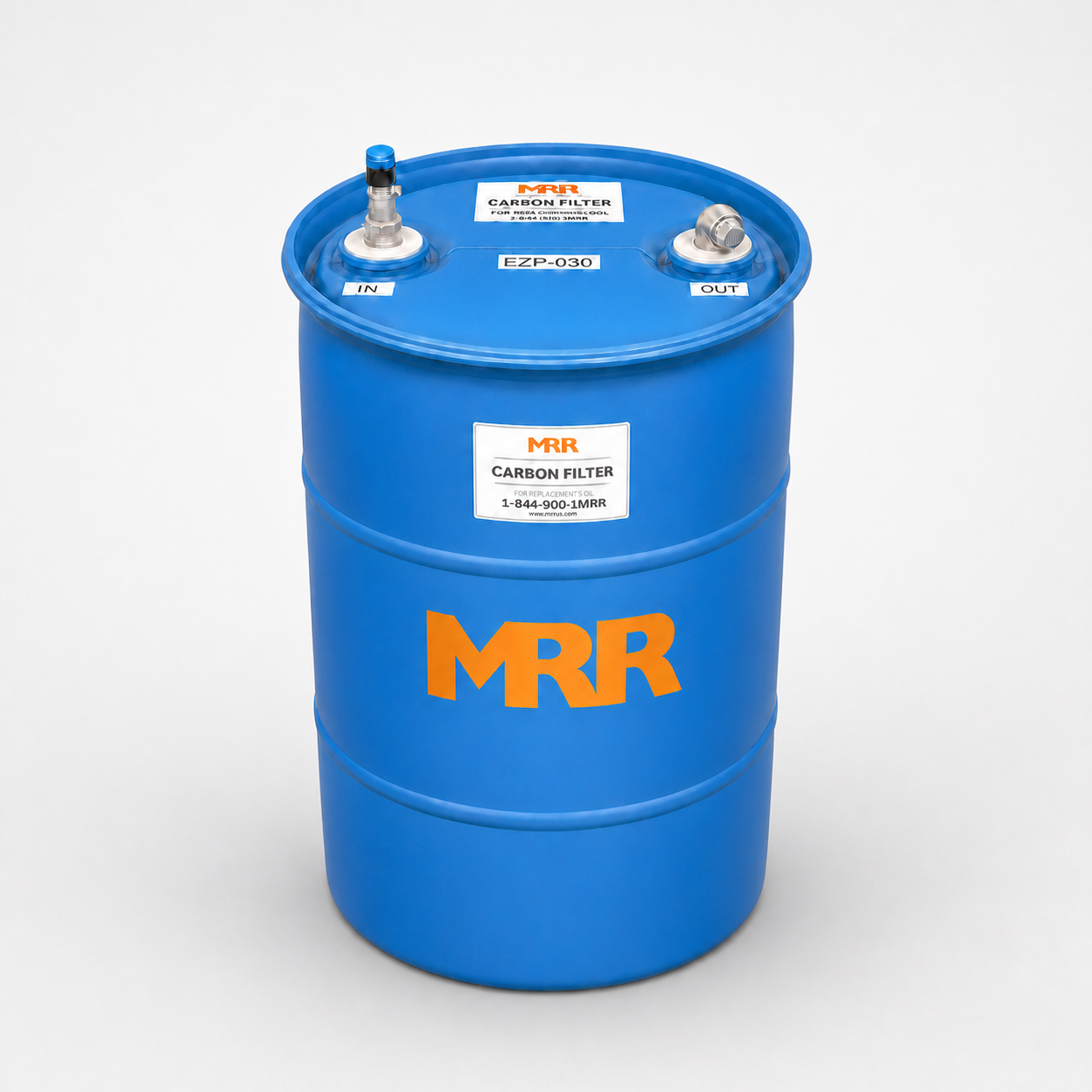Blue MRR EZ Carb activated carbon filter drum with valve fitting on top, front view