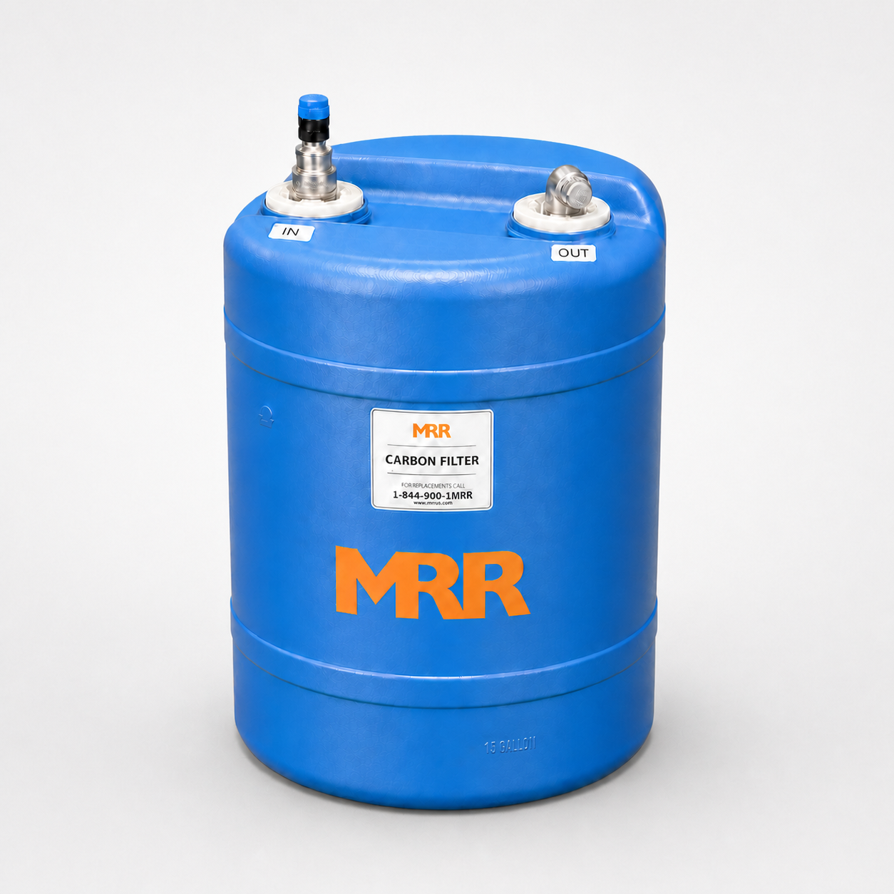 Blue MRR EZ Carb activated carbon filter drum, angled view showing top valve assembly