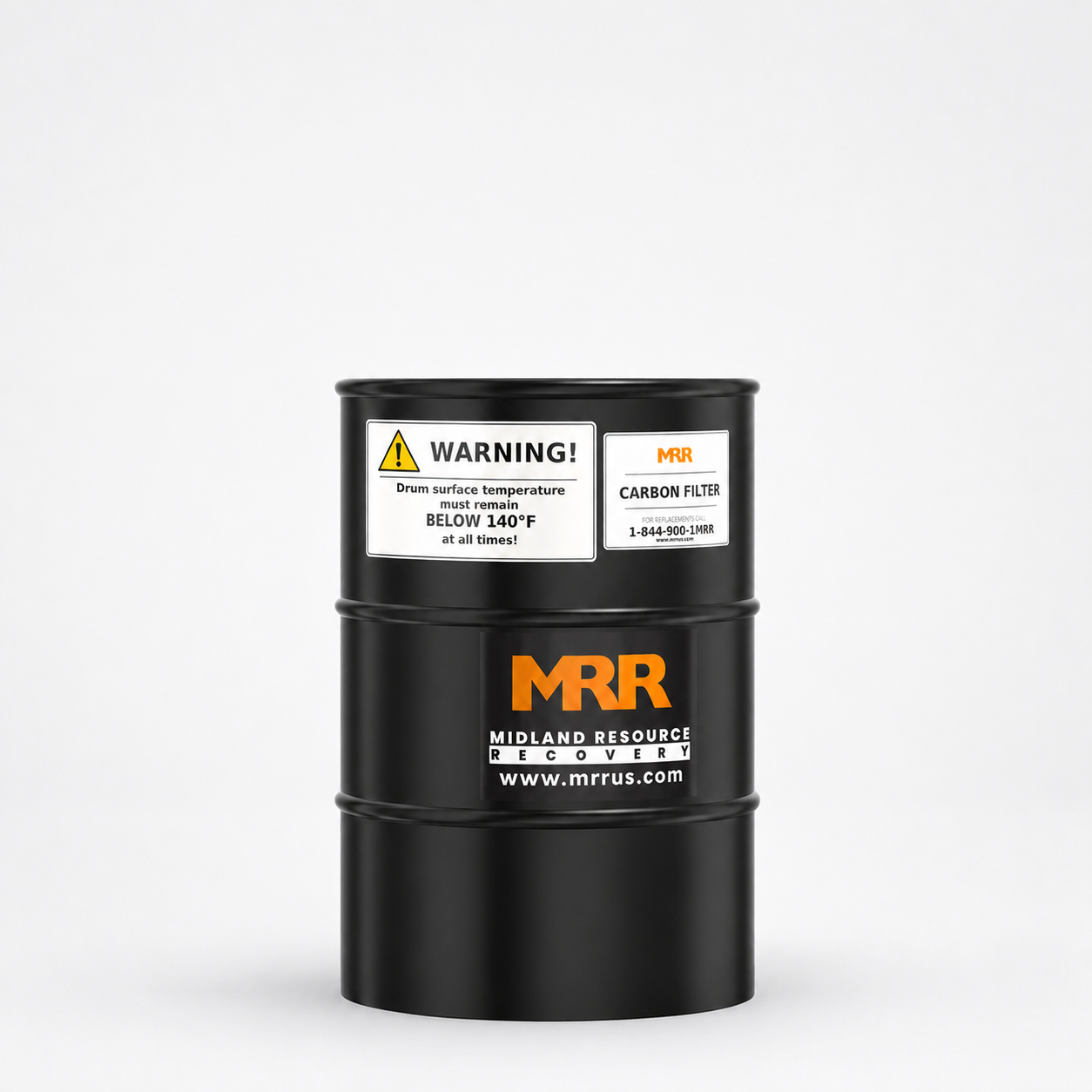 Black MRR EZ Carb replacement cartridge drum, close-up view of warning label