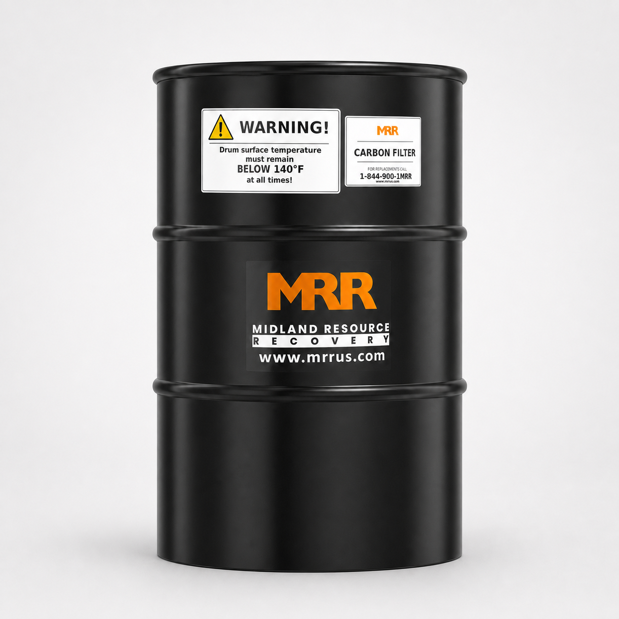Black MRR EZ Carb replacement cartridge drum with warning label, front view