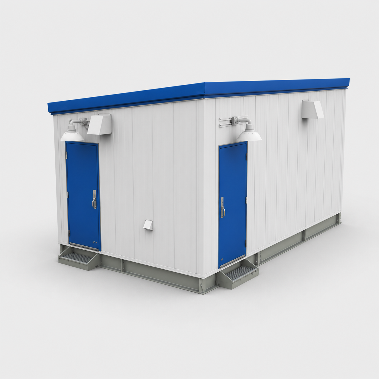 3D rendering of MRR odorization building exterior, white panel siding with blue roof and blue double doors