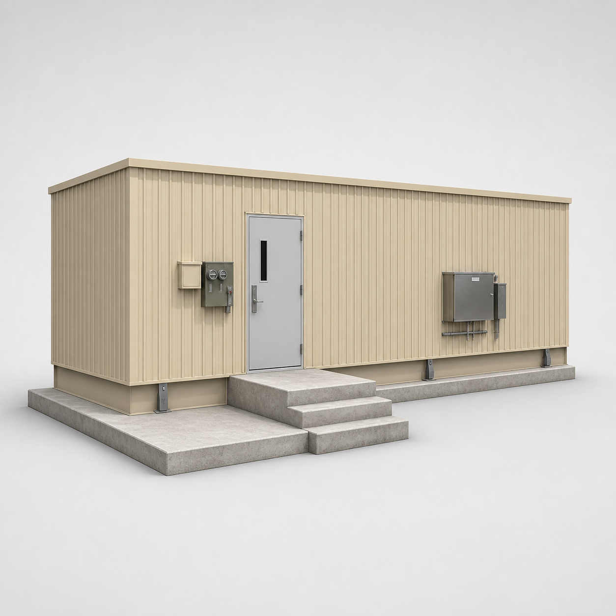 3D rendering of MRR odorization building exterior, tan panel siding with white door and entry steps