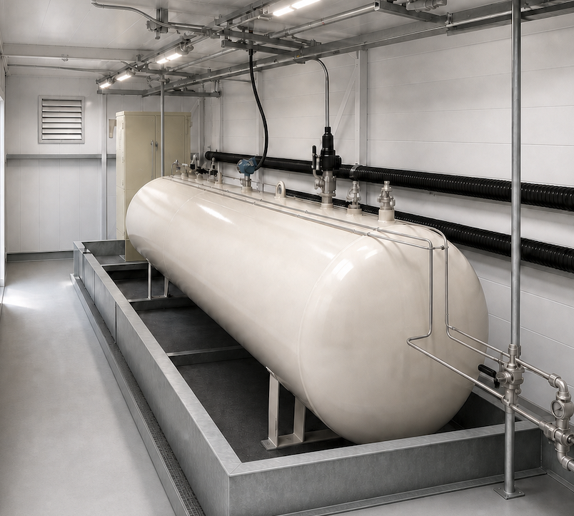 Interior view of MRR odorization building showing large horizontal tank on secondary containment with overhead piping
