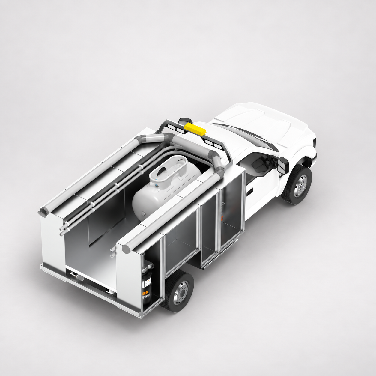 MRR odorant delivery truck rendering, angled front view with the body panels open showing internal components