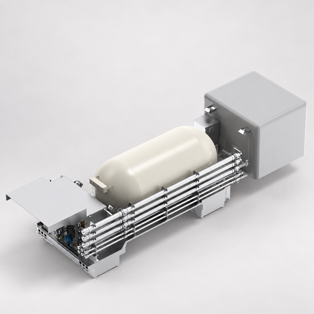 Rendering of the odorant delivery skid showing the tank and control cabinet mounted on the truck subframe