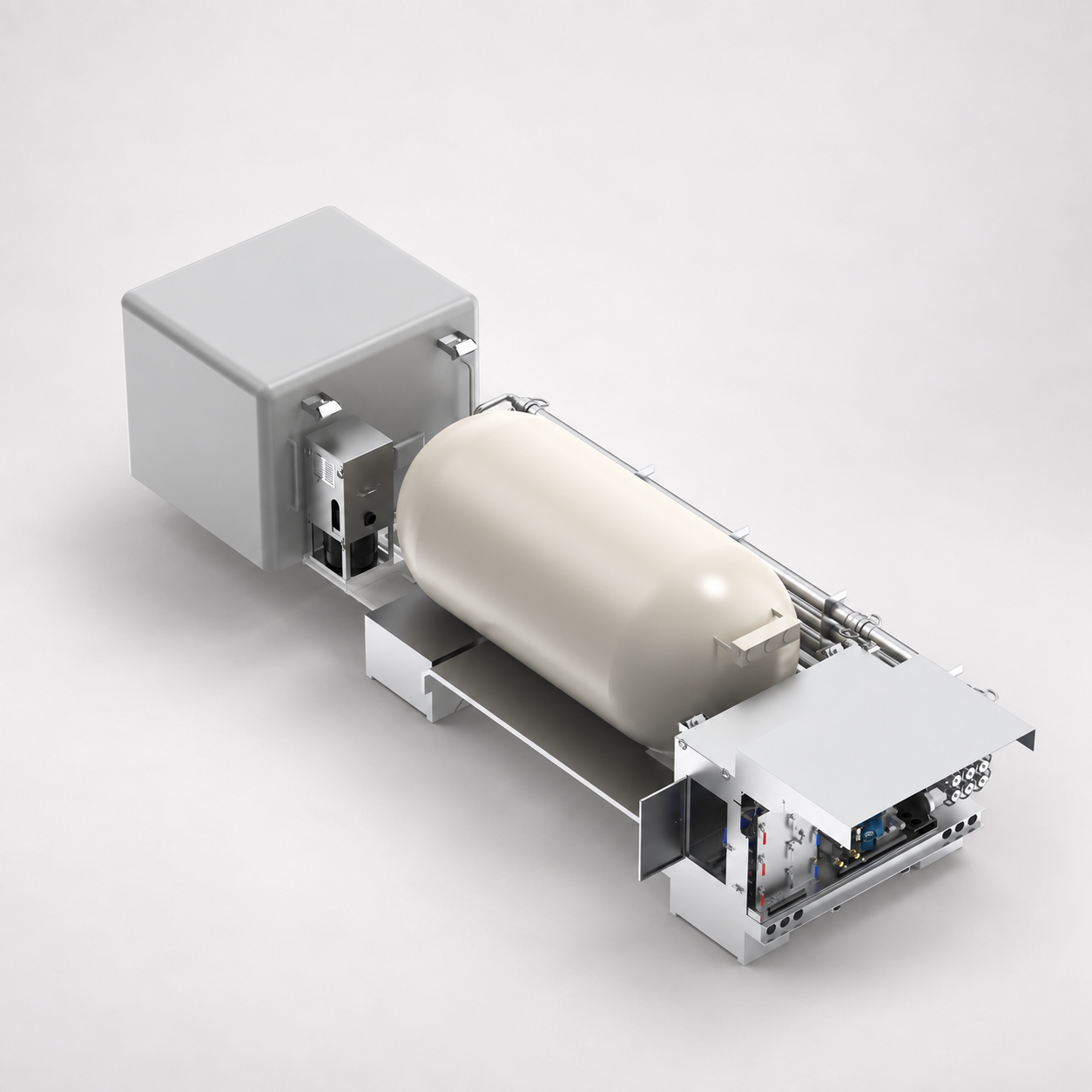 Rendering of the odorant delivery skid from the opposite angle, with the control cabinet visible at the front of the tank