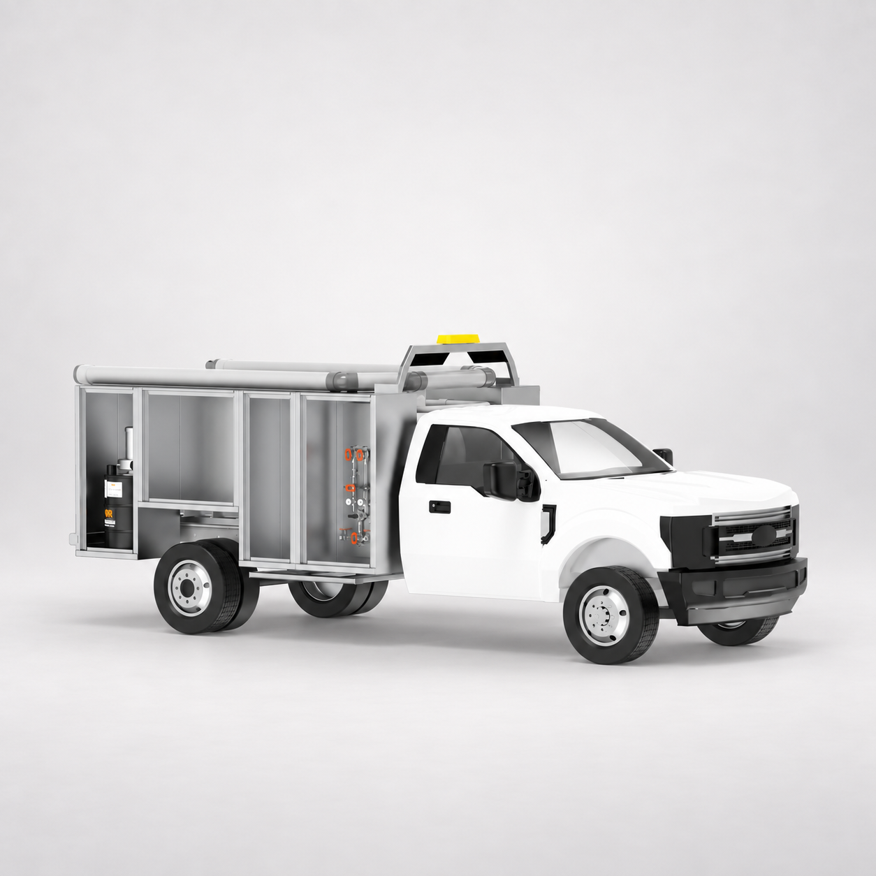 MRR odorant delivery truck rendering, rear angle view with the enclosed service body and light bar