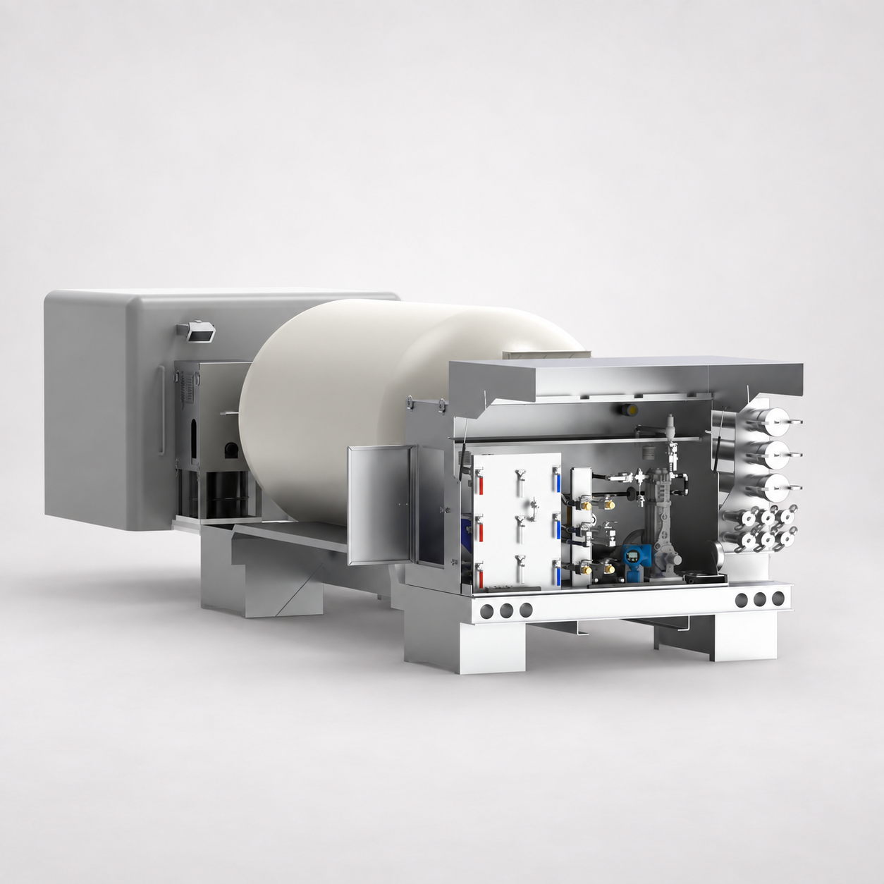 Close up rendering of the tank end showing the valves and control panel wiring