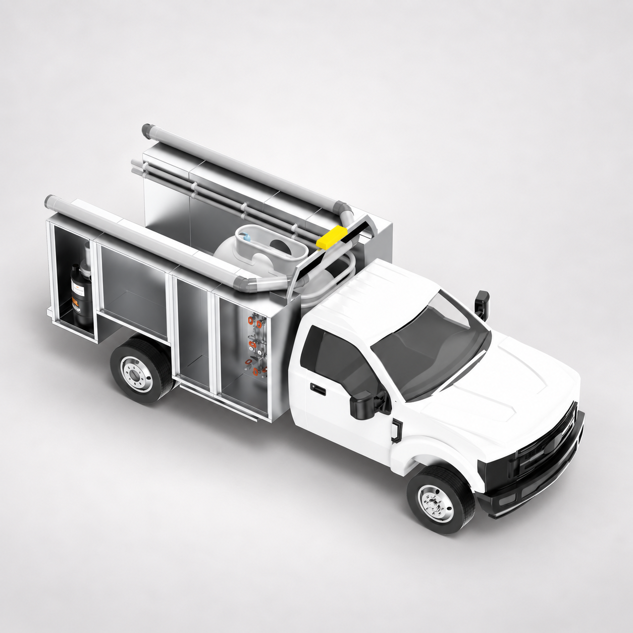 MRR odorant delivery truck rendering, front view showing the enclosed body with tank and light bar on a white pickup chassis