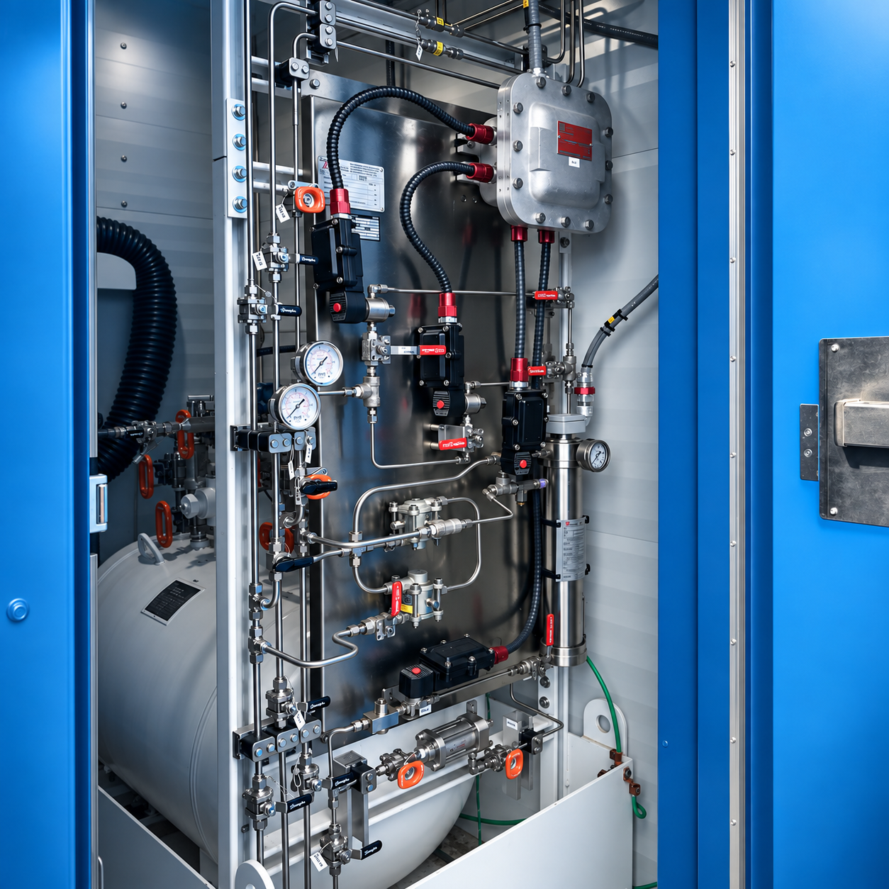 Technician inspecting an odorant injection system at a natural gas facility.