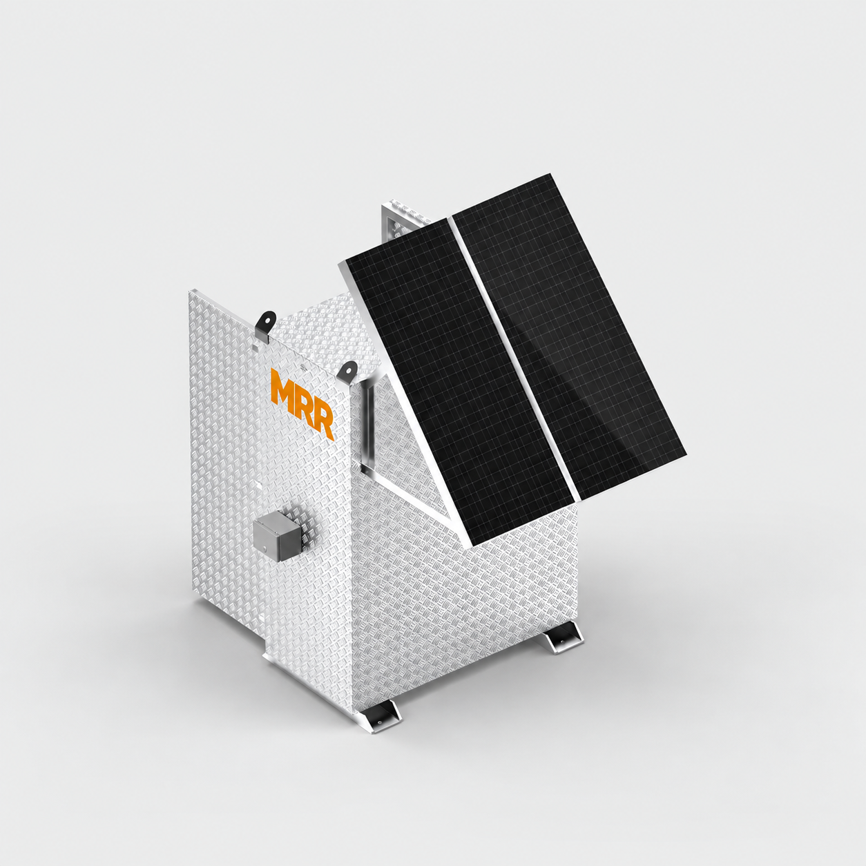 MRR OdorTracker rendering showing the smooth white enclosure with the solar panel raised