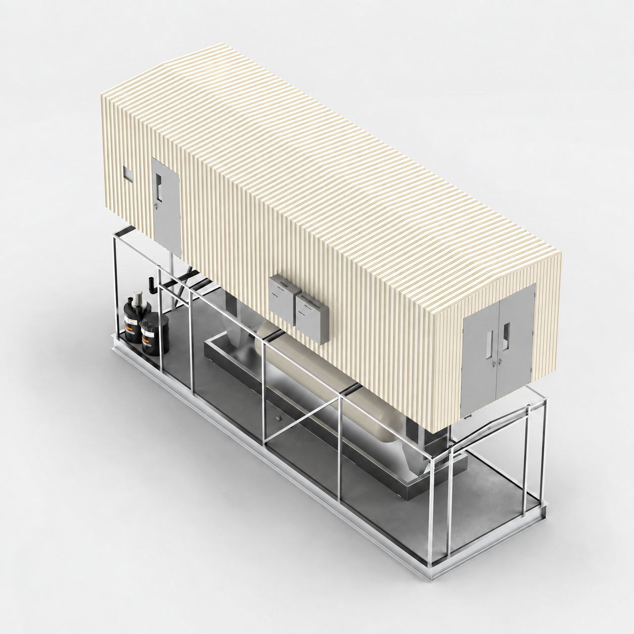 3D rendering of MRR odorization building mounted on elongated equipment skid, side profile view