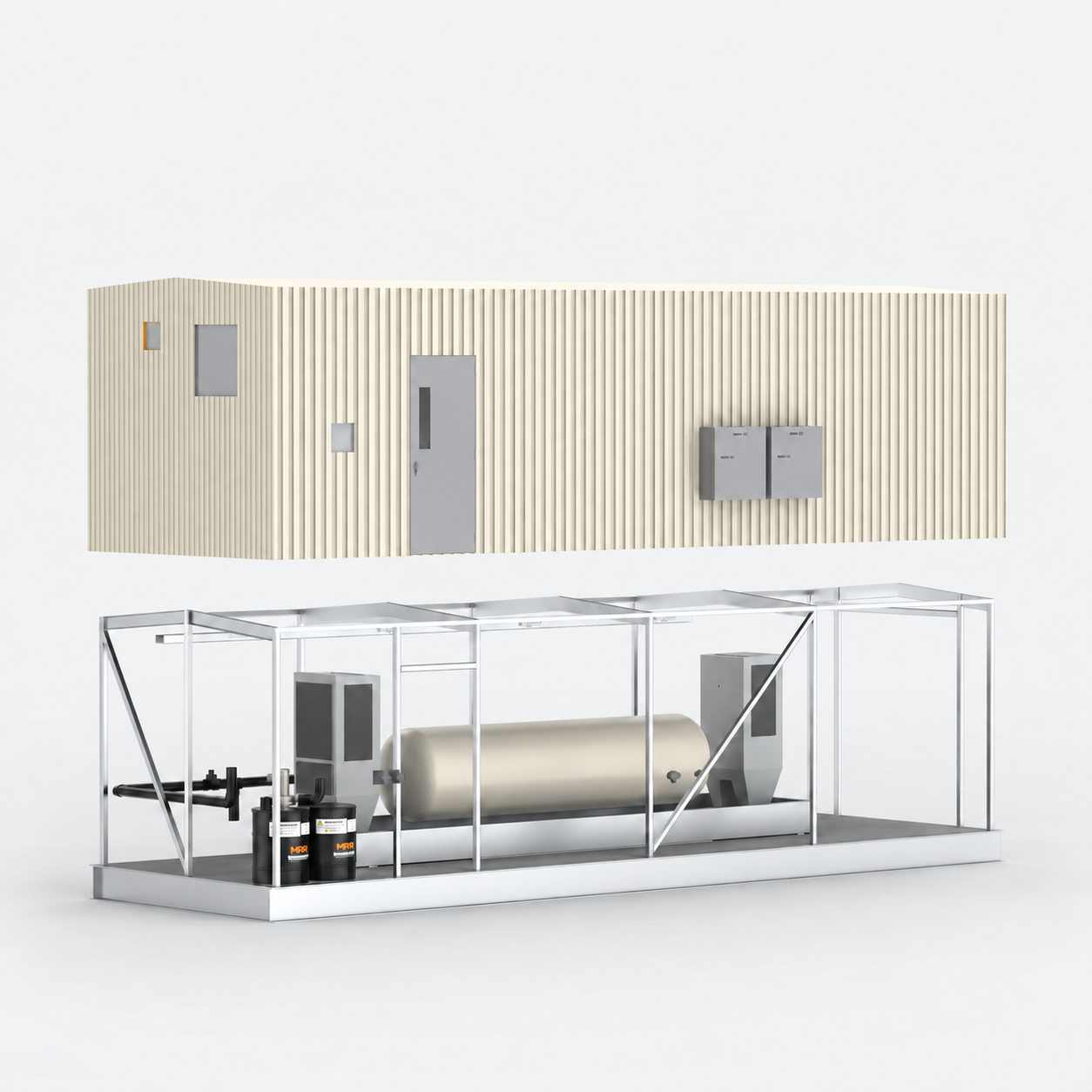 3D rendering of MRR odorization building shown separated from its equipment skid, exploded view