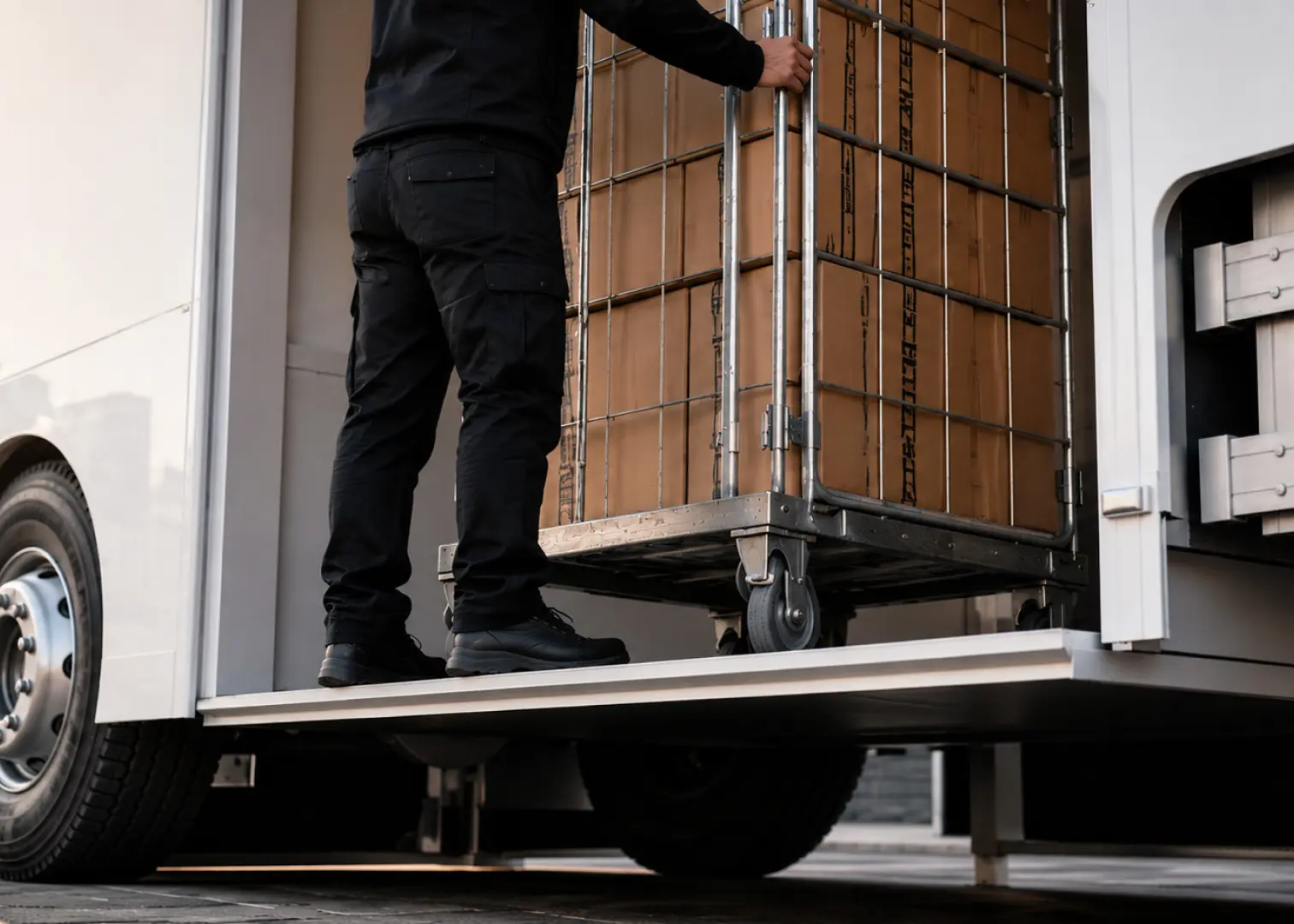 Person schiebt einen mit Kartons beladenen Metallwagen in einen Hubwalter LKW mit stufenlos höhenverstellbaren Lift