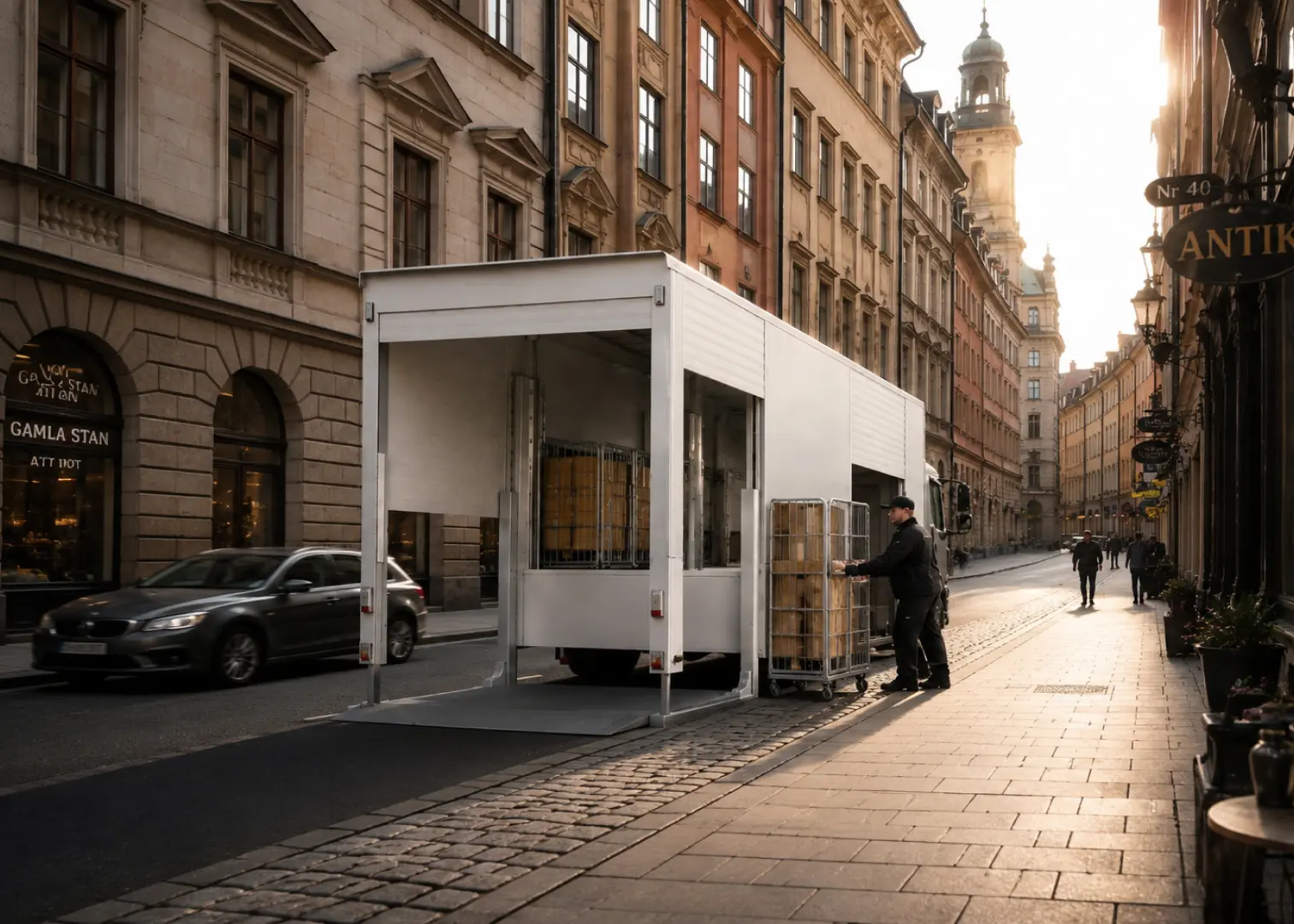 Hubwalter LKW in einer Altstadt lädt Pakete bei Sonnenuntergang auf kopfsteingepflasterter Straße aus.