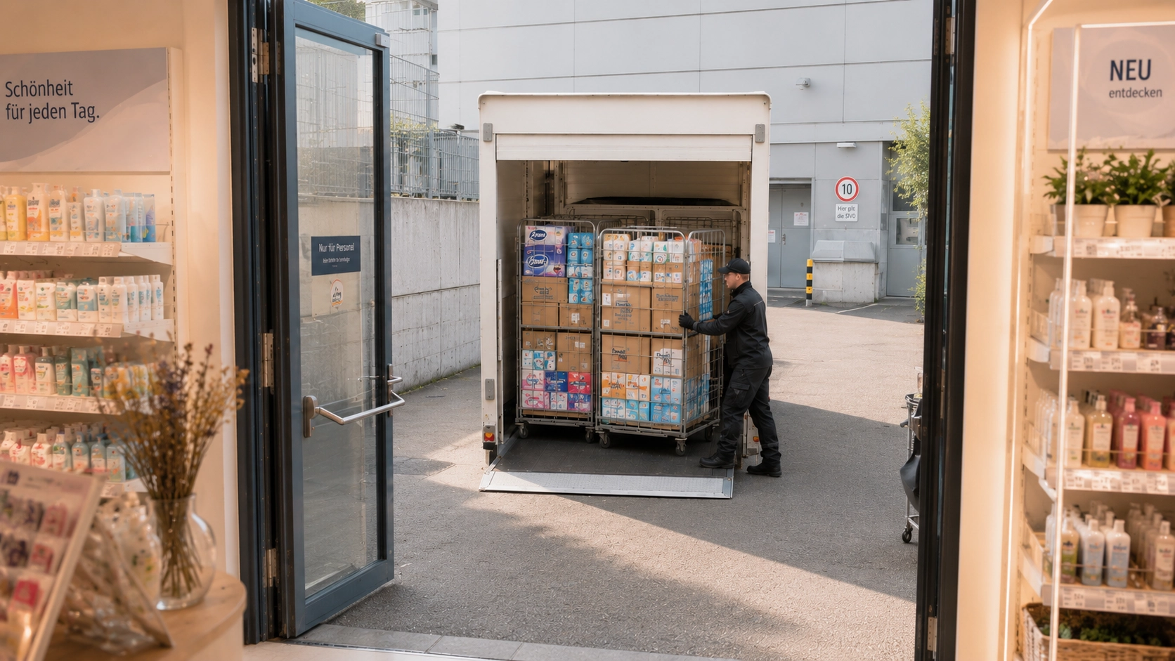 Mitarbeiter entlädt Warenwagen mit Hygieneprodukten aus Hubwalter Kofferaufbau vor Drogerie Personaleingang.