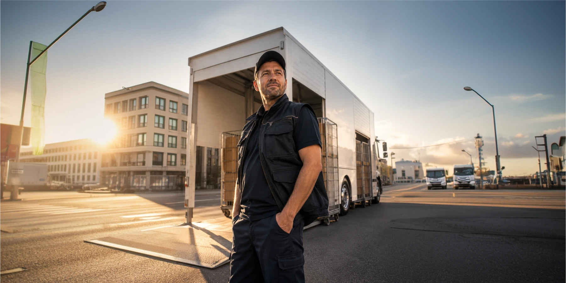 Lieferfahrer steht vor offenem Lieferwagen in der Stadt bei Sonnenuntergang.