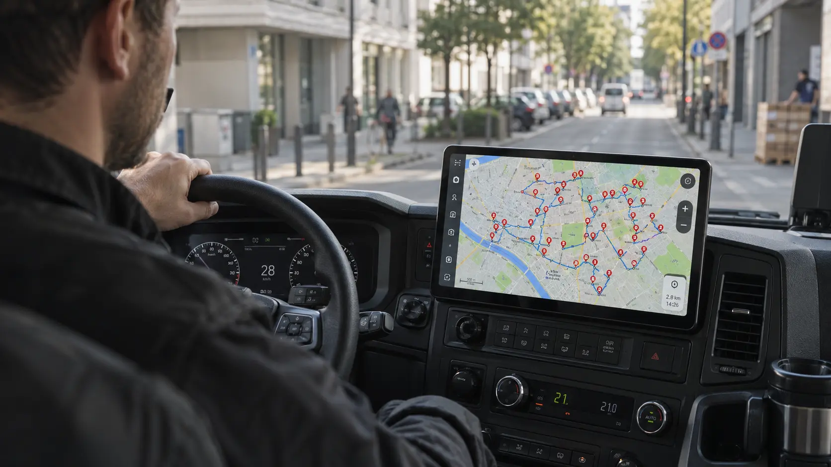 LKW-Fahrer bei der Filialbelieferung im Stadtverkehr mit Navigationsdisplay für eine Tour mit vielen Stopps und engen Zeitfenstern.