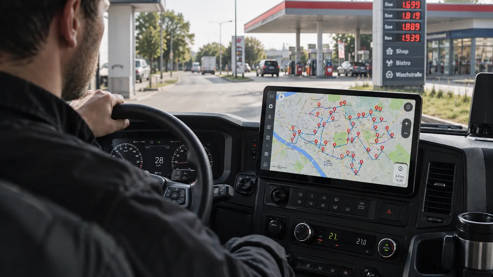 LKW-Fahrer im urbanen Verteilerverkehr auf dem Weg zu einer Tankstelle, mit Navigationsdisplay für eine Liefertour mit vielen Stopps und kurzen Zeitfenstern.