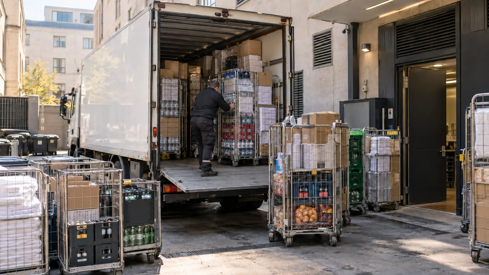 LKW-Fahrer bei der Gastronomie- und Servicebelieferung mit zahlreichen Rollcontainern und hohem Aufwand beim Be- und Entladen.