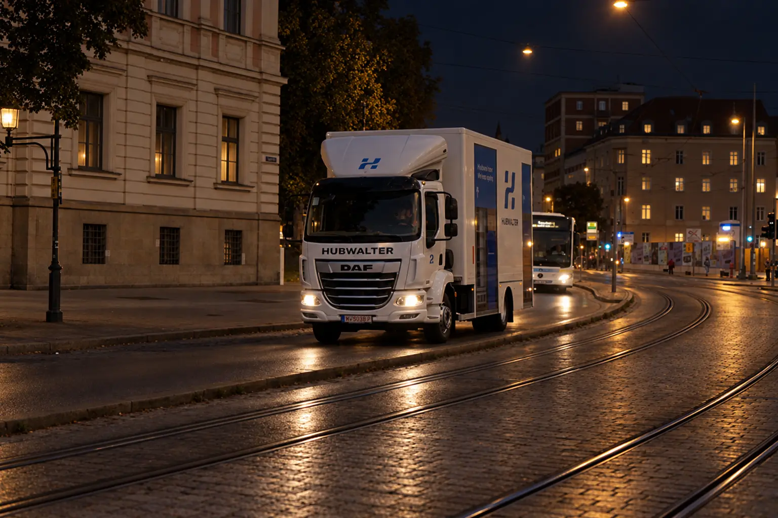 Ein weißer Hubwalter-DAF-Lastwagen fährt nachts auf einer von Straßenbahnschienen durchzogenen Kopfsteinpflasterstraße in einer beleuchteten Stadt mit historischen Gebäuden.