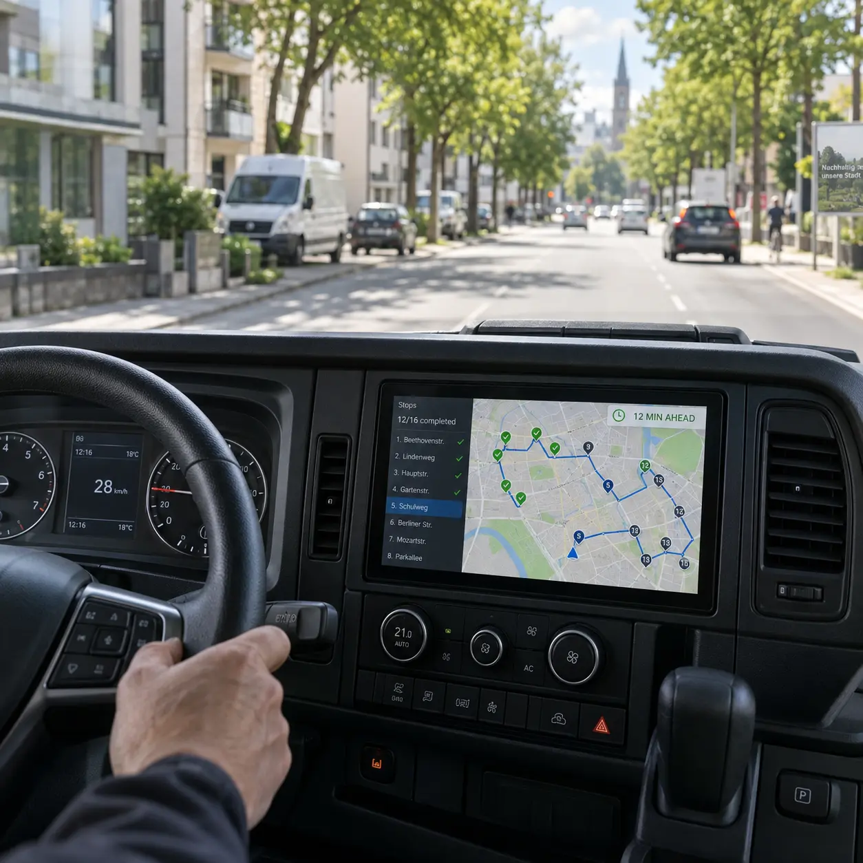 Lieferant schiebt einen Warenwagen mit Kartons in die Rückseite eines Hubwalter Lifts.