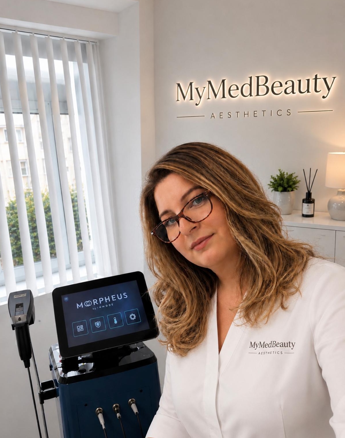Shpresa Hoti, Gründerin von MyMedBeauty in Traisen, vor einem modernen Morpheus8 Gerät für apparative Kosmetik und Hautbehandlungen.