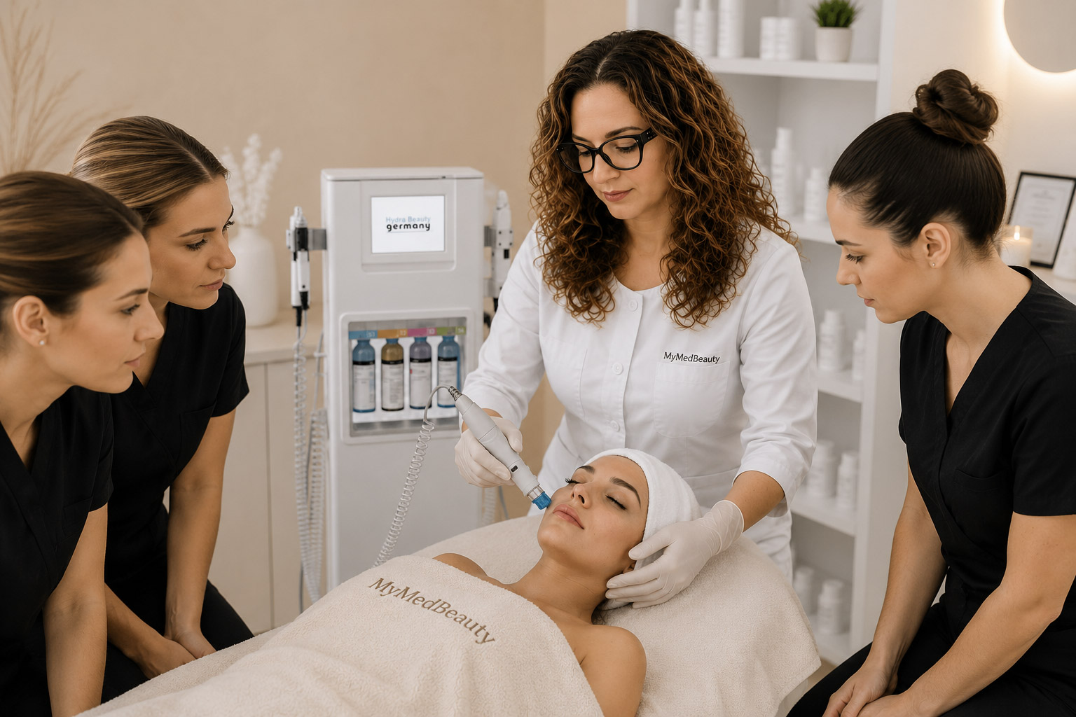 Teilnehmerinnen einer Kosmetikschulung bei MyMedBeauty in Traisen lernen die professionelle Anwendung moderner apparativer Kosmetik direkt am Modell unter fachlicher Anleitung.