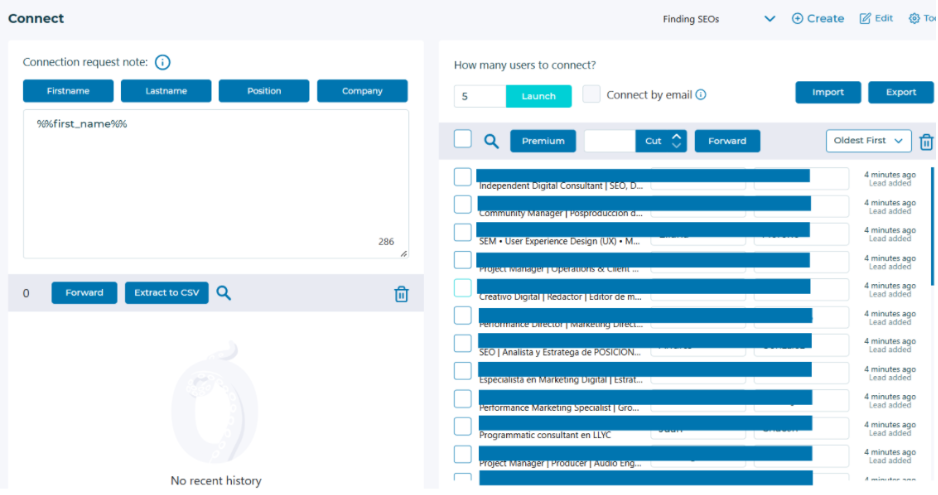 Octopus CRM Connect screen with a personalized note field, a run size of five, and a blurred lead list