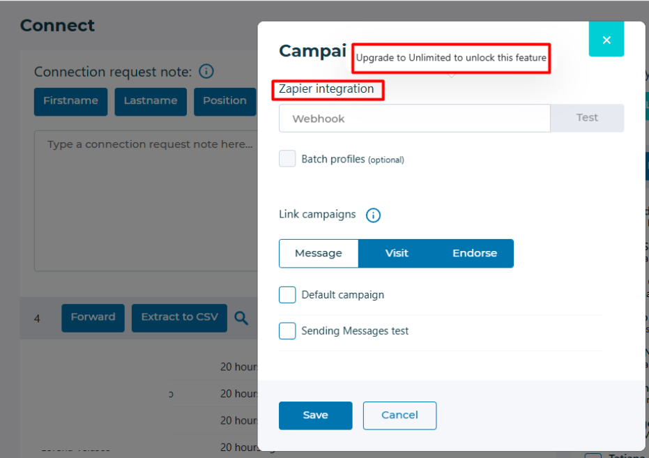 Octopus CRM campaign settings with the Zapier field locked to the Unlimited plan and options to link campaigns