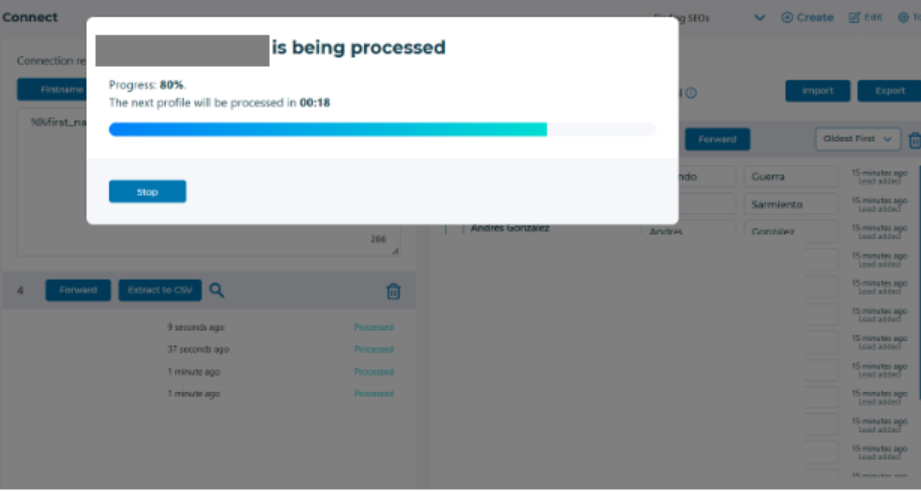 Octopus CRM progress window processing one profile at a time with a countdown to the next