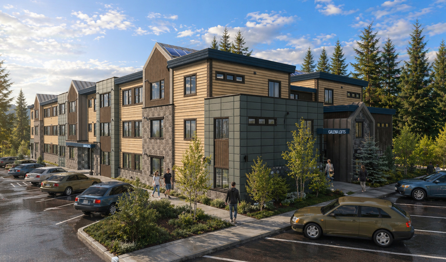 Rendering of exterior of community building stock image