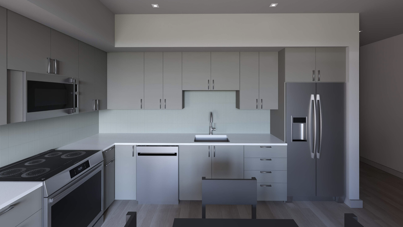 Studio layout that shows a kitchen and living room area